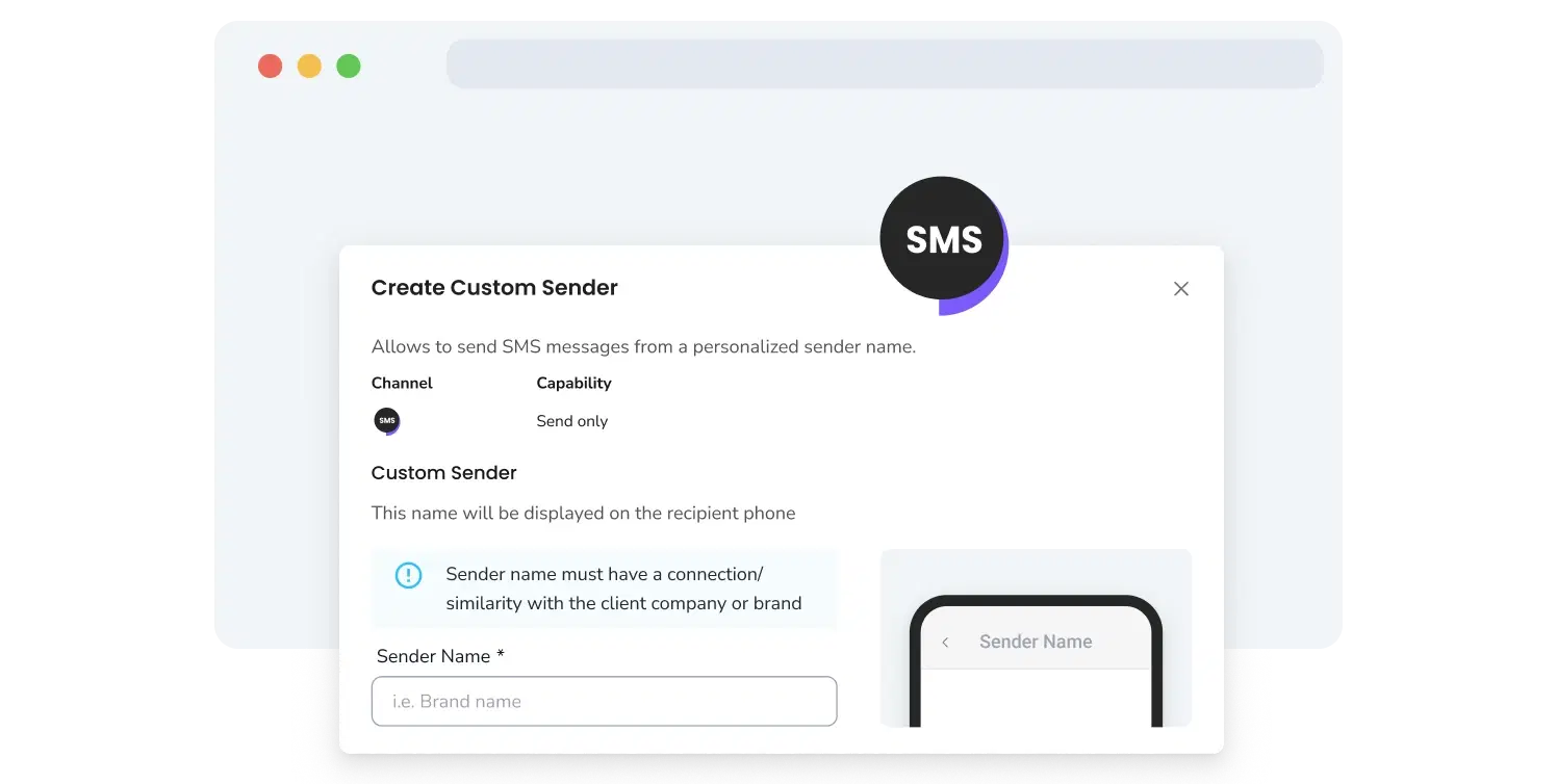 Screenshot of TopMessage's branded SMS sender setup page