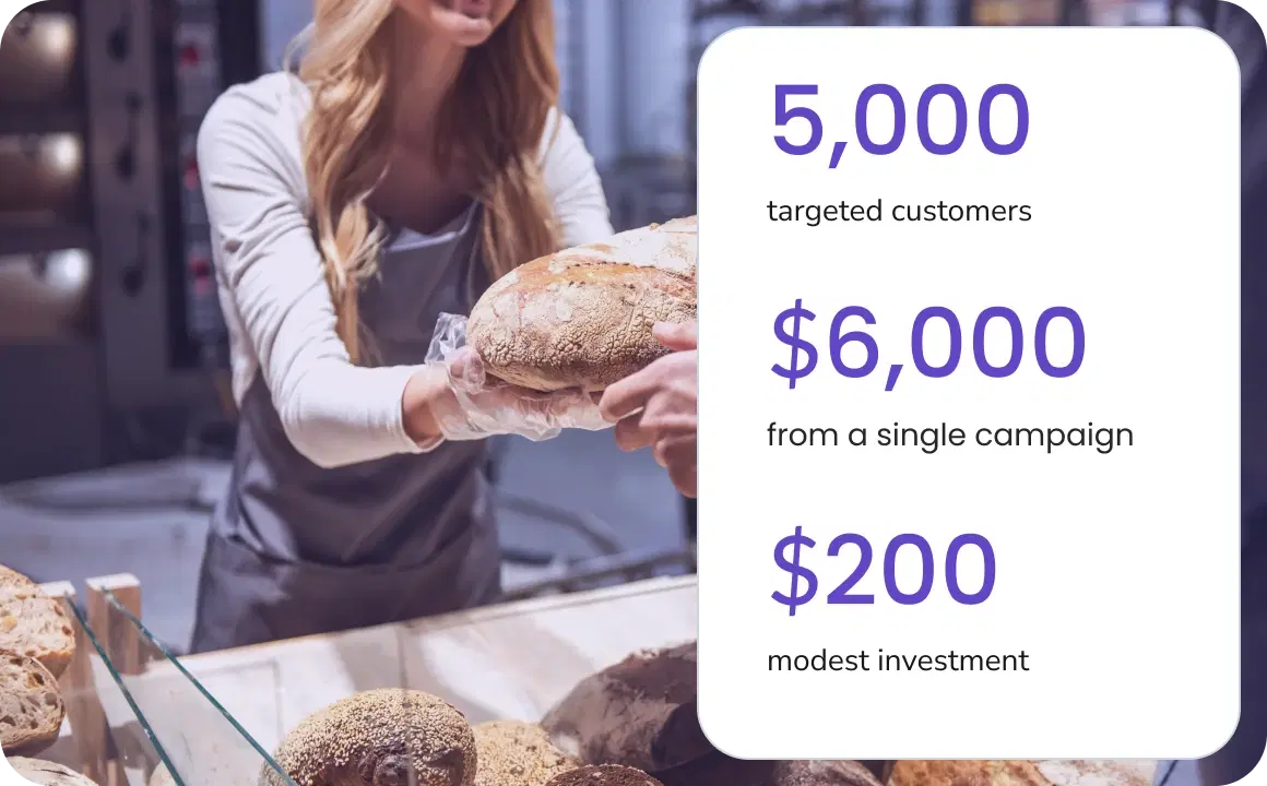 Girl selling fresh bread at a small bakery using TopMessage for customer communication