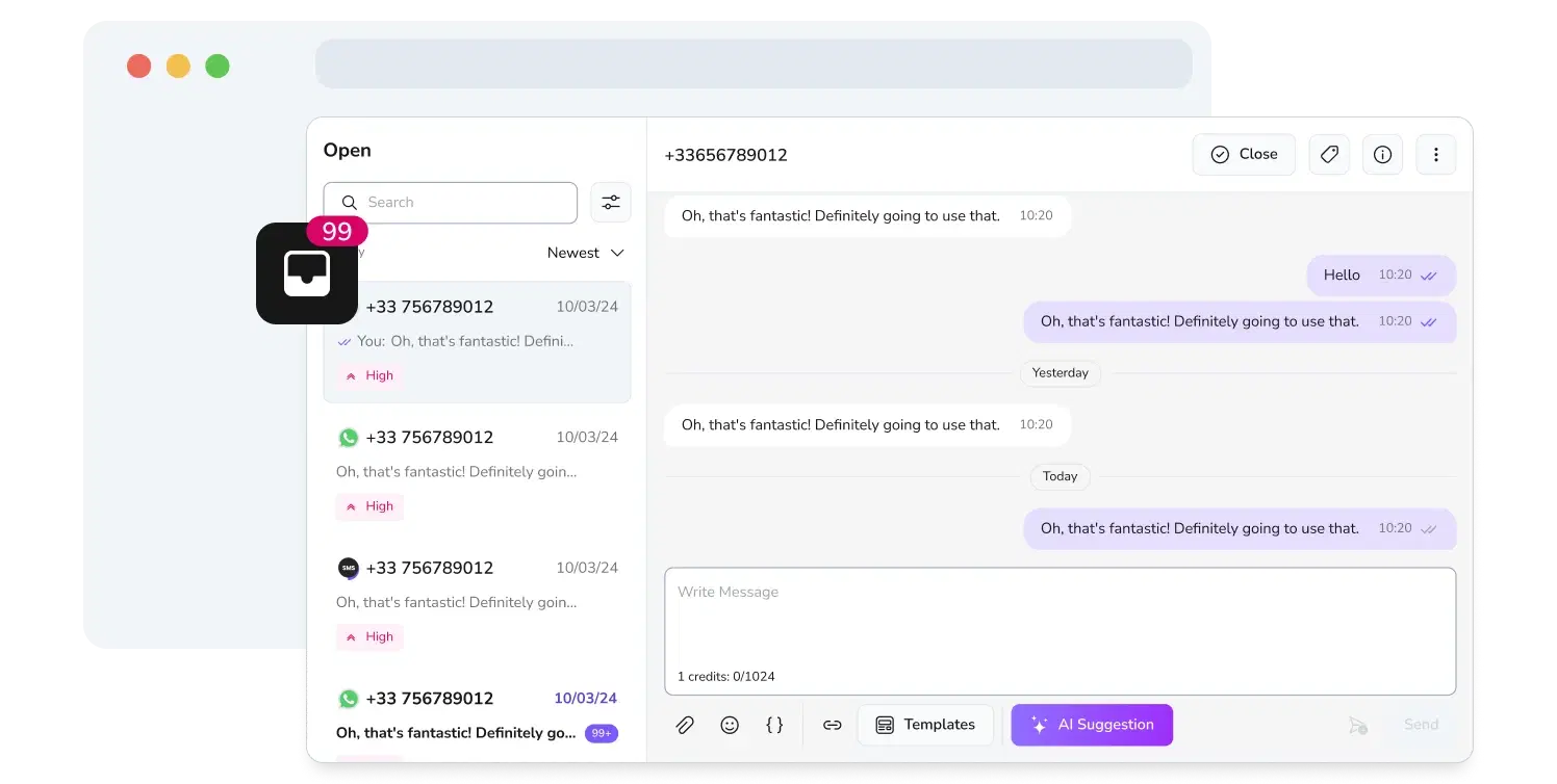 Screenshot of TopMessage's unified messaging inbox page