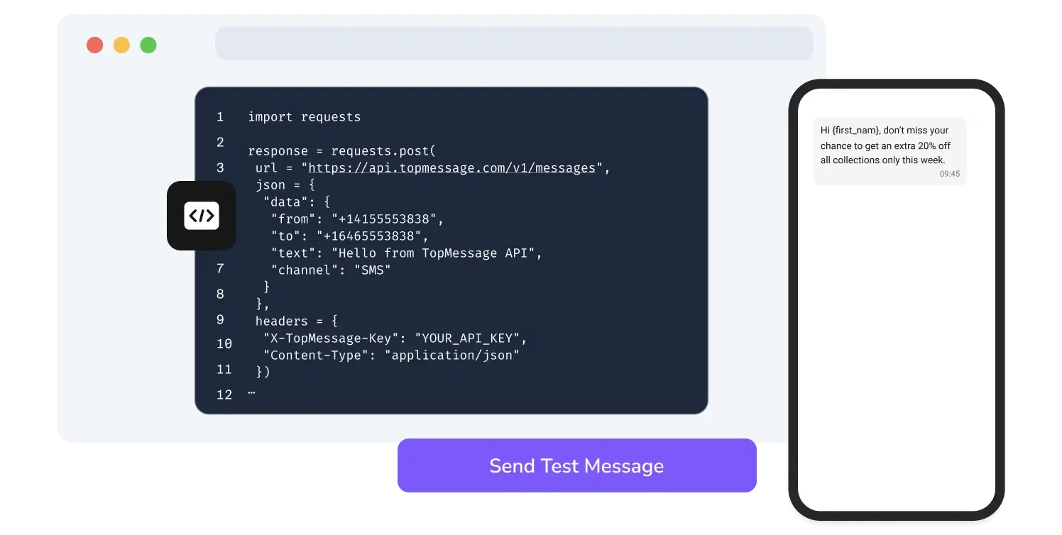 Screenshot of TopMessage's API page showing the SMS code testing function