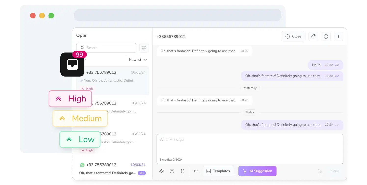 Screenshot of TopMessage's unified messaging inbox with conversation priorities