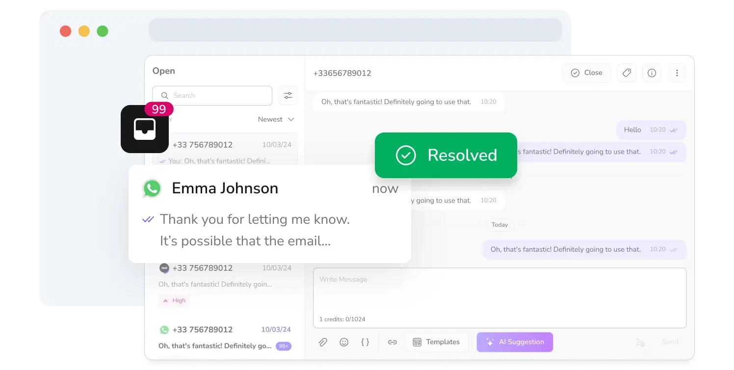 Screenshot of TopMessage's unified messaging inbox with resolved WhatsApp conversations