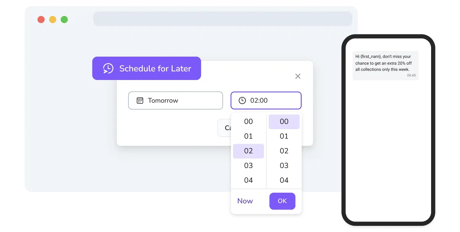 Screenshot of TopMessage's SMS campaign page with scheduling function