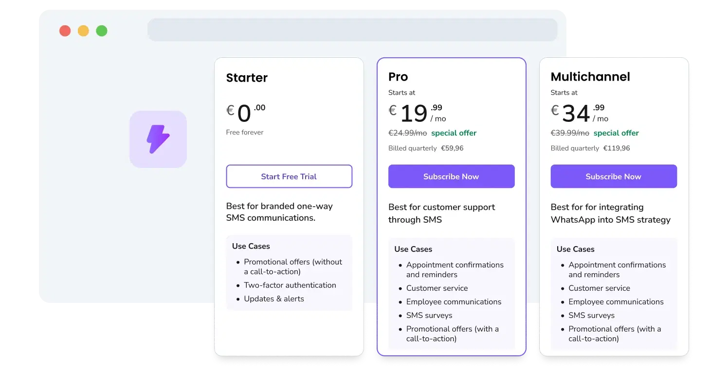 Screenshot of TopMessage's pricing plans page