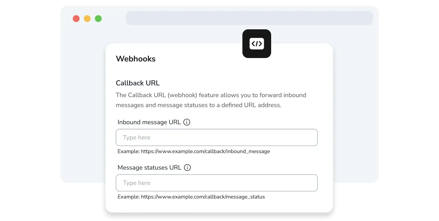 Screenshot of TopMessage's API page showing Webhook setup fields