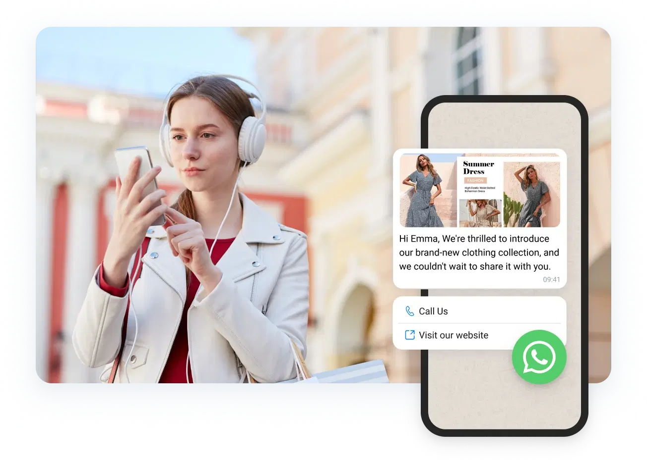 Girl with white headphones reading WhatsApp messages received from e-commerce
