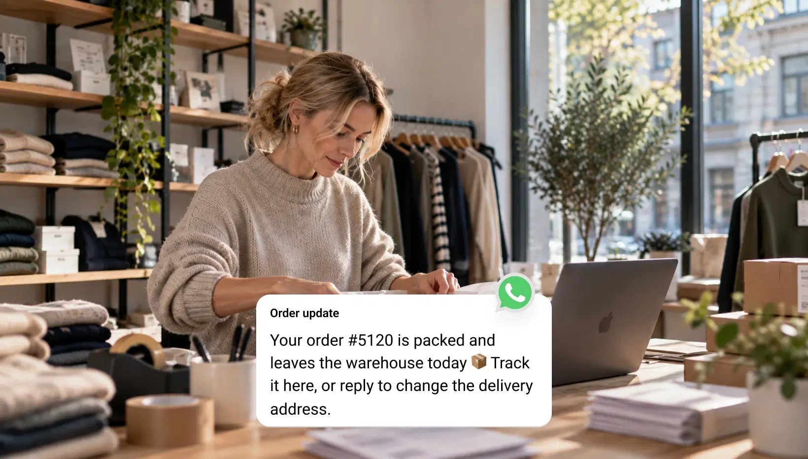 Online shopper opening a WhatsApp campaign message on her phone