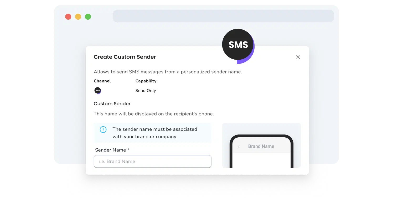 Screenshot of TopMessage's branded SMS sender setup page