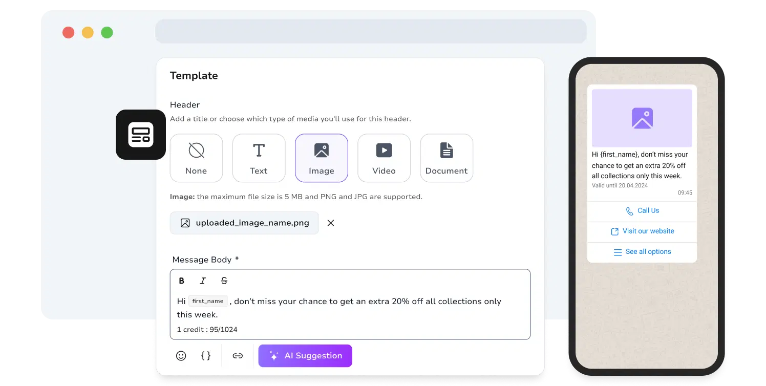 Screenshot of TopMessage's dynamic WhatsApp template creation page.