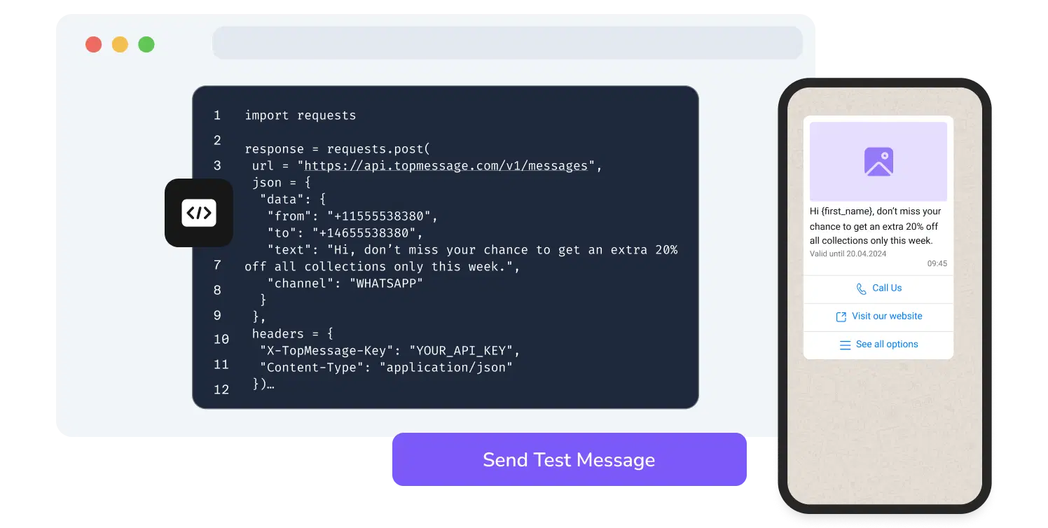 Screenshot of TopMessage's API page showing the WhatsApp code testing function.