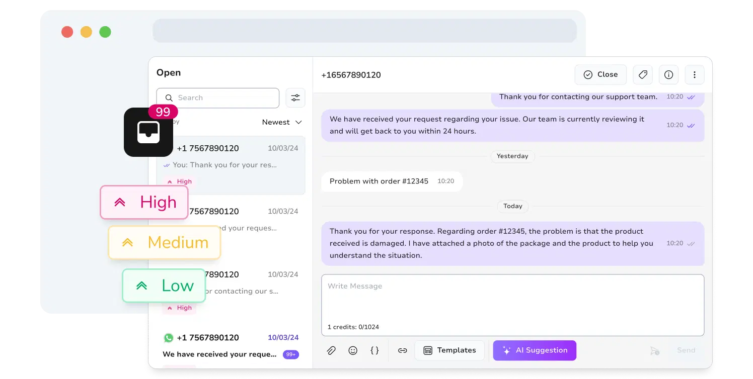 Screenshot of TopMessage's unified messaging inbox with conversation priorities