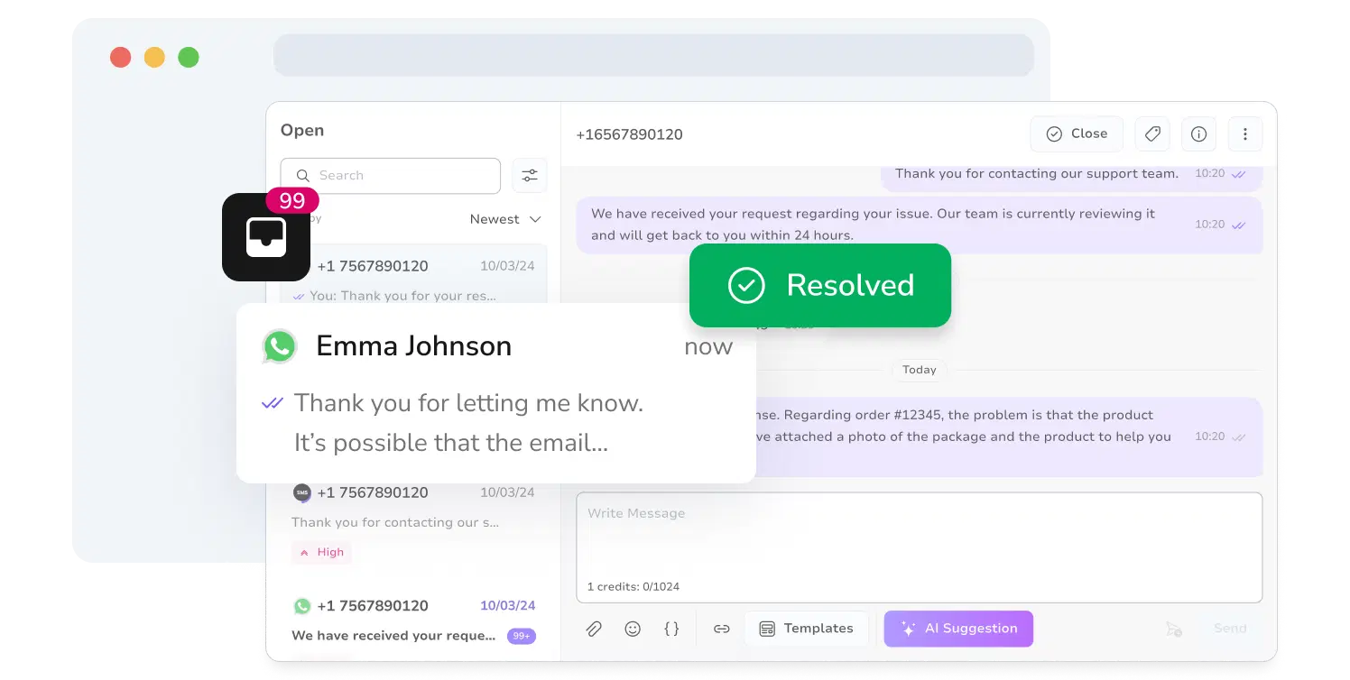 Screenshot of TopMessage's unified messaging inbox with resolved WhatsApp conversations