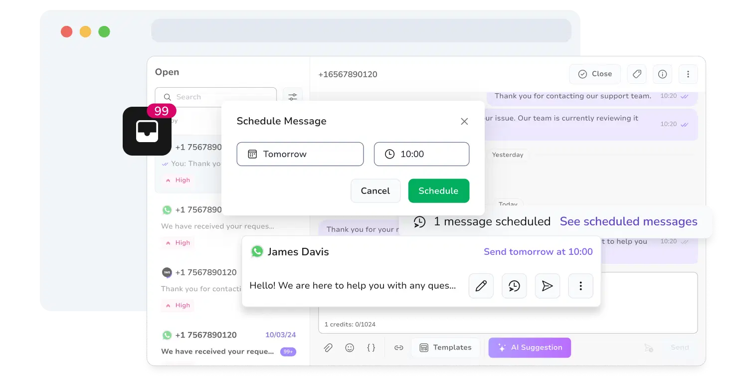 Screenshot of TopMessage's WhatsApp inbox page with scheduling function