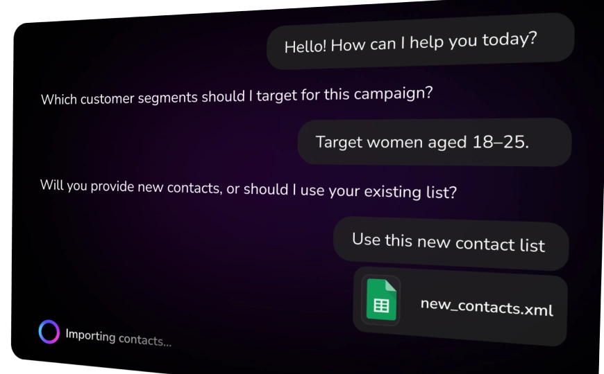 Screenshot of TopMessage TopAgent interface prompting the user to provide information to automatically create campaigns, including fields for campaign goals, audience, and message preferences