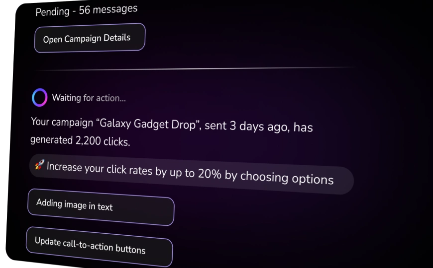 Screenshot of TopMessage interface showing AI-guided recommendations for improving customer engagement automatically.