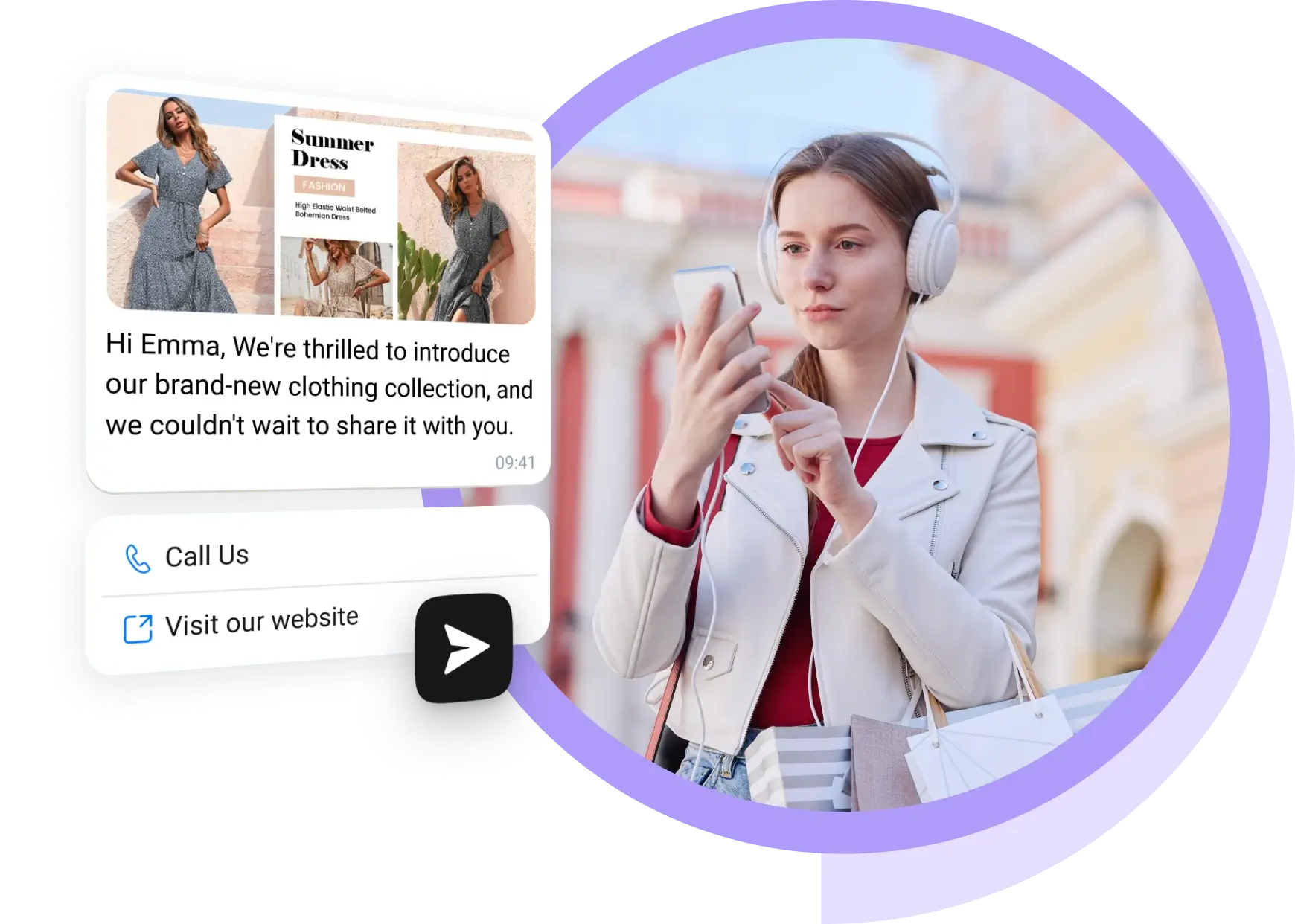 Girl with white headphones reading WhatsApp messages received from e-commerce