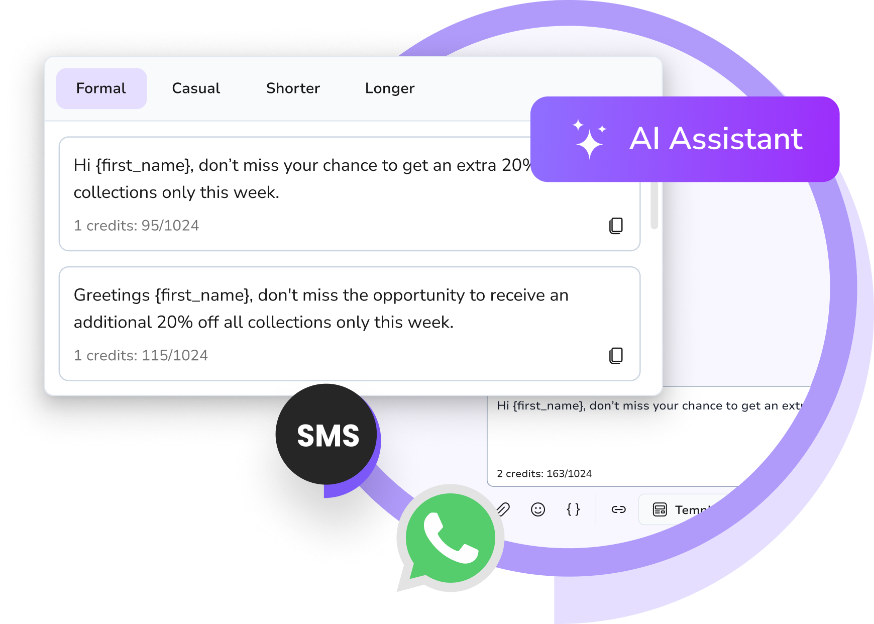 Screenshot of TopMessage AI Assistant generating smart reply suggestions and enhancing customer messaging across SMS and WhatsApp in the unified inbox.