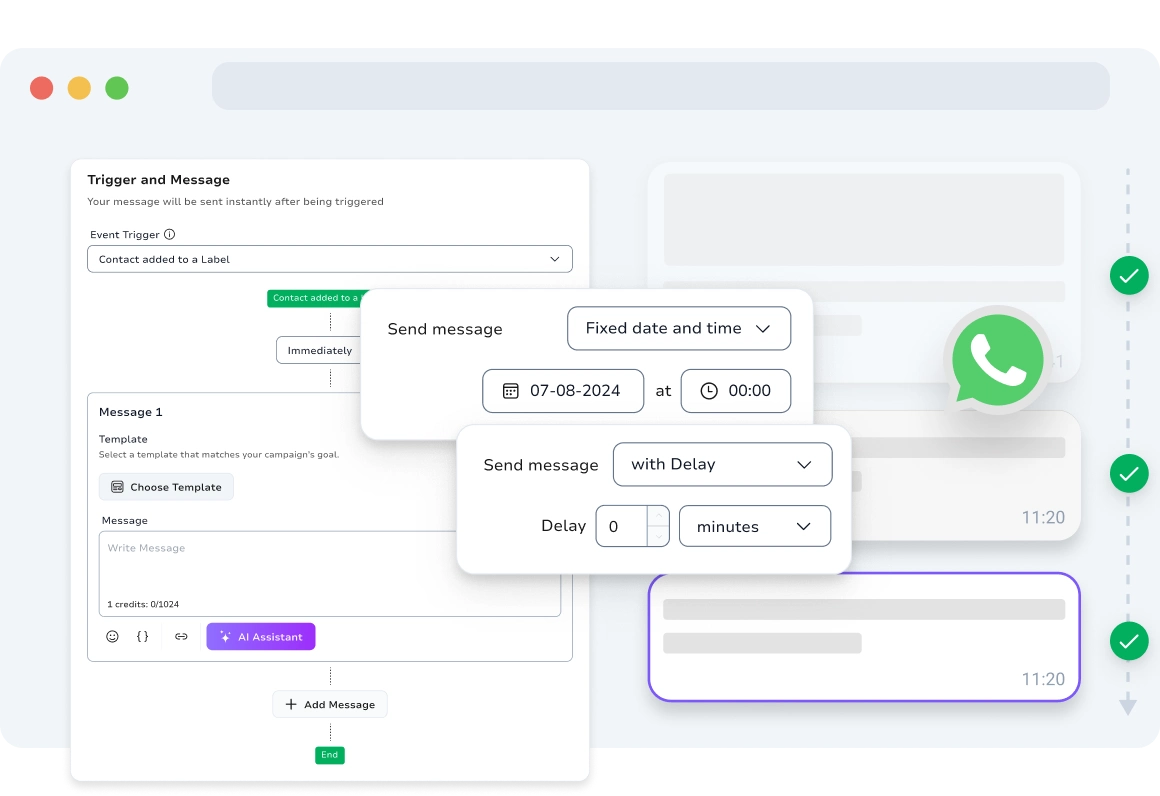 Screenshot of TopMessage WhatsApp drip campaigns page.