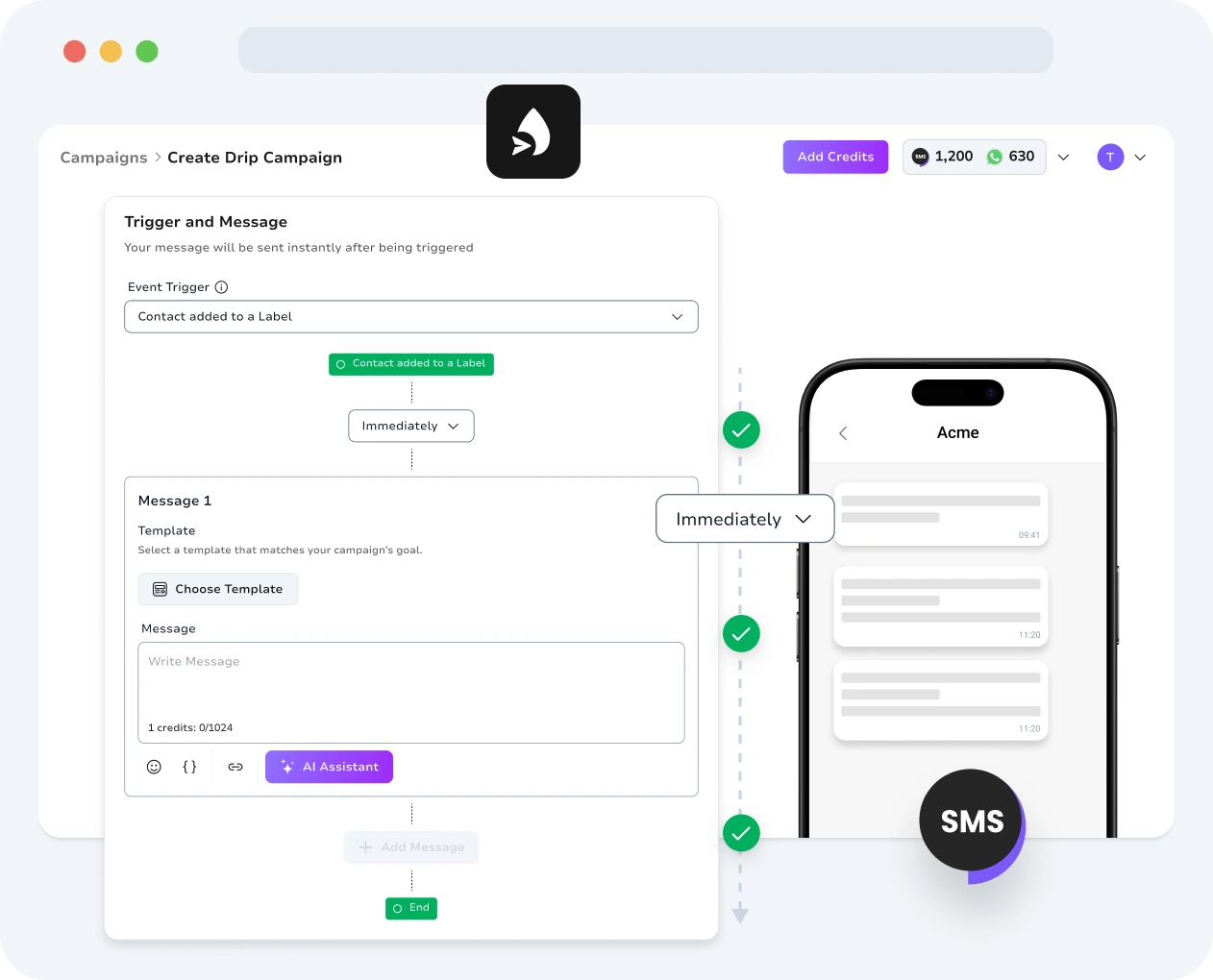 Screenshot of TopMessage SMS drip campaigns interface.