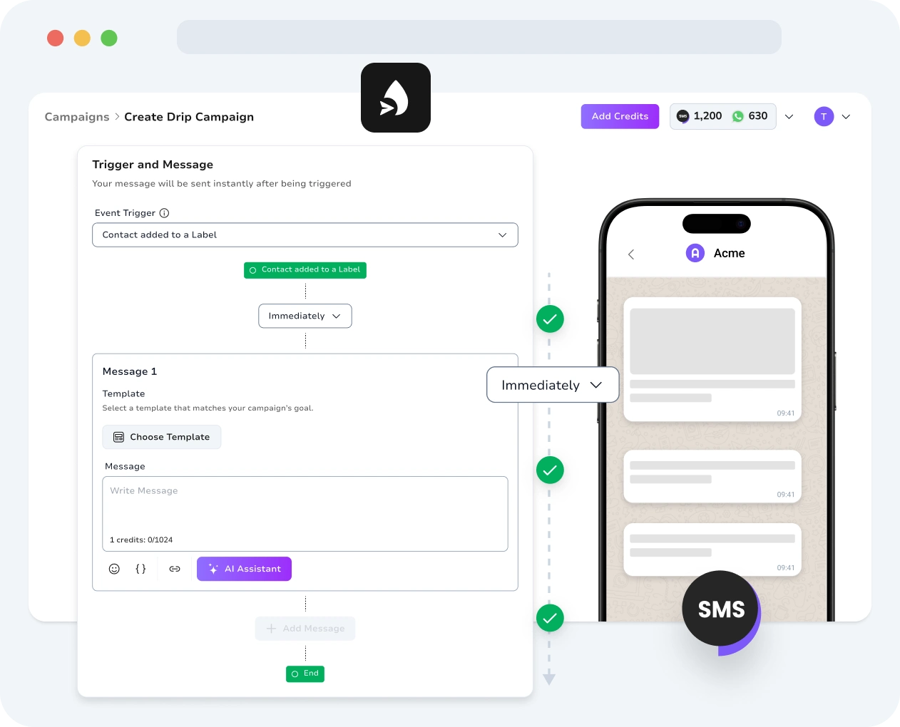 Screenshot of TopMessage WhatsApp drip campaigns interface.