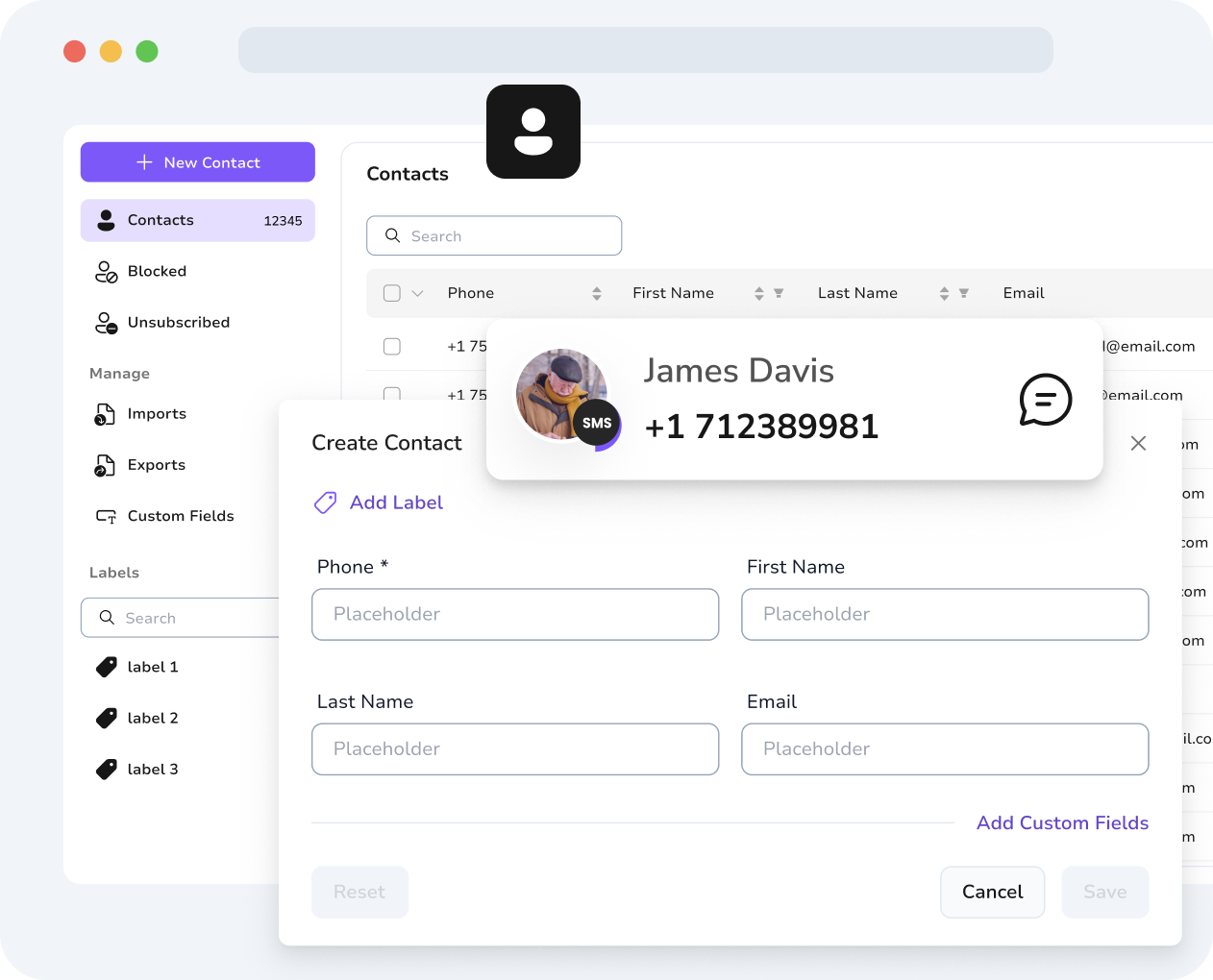 TopMessage contact management with custom fields to personalize SMS and WhatsApp messages