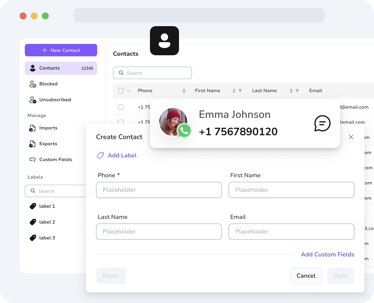 TopMessage contact management with custom fields to personalize WhatsApp messages