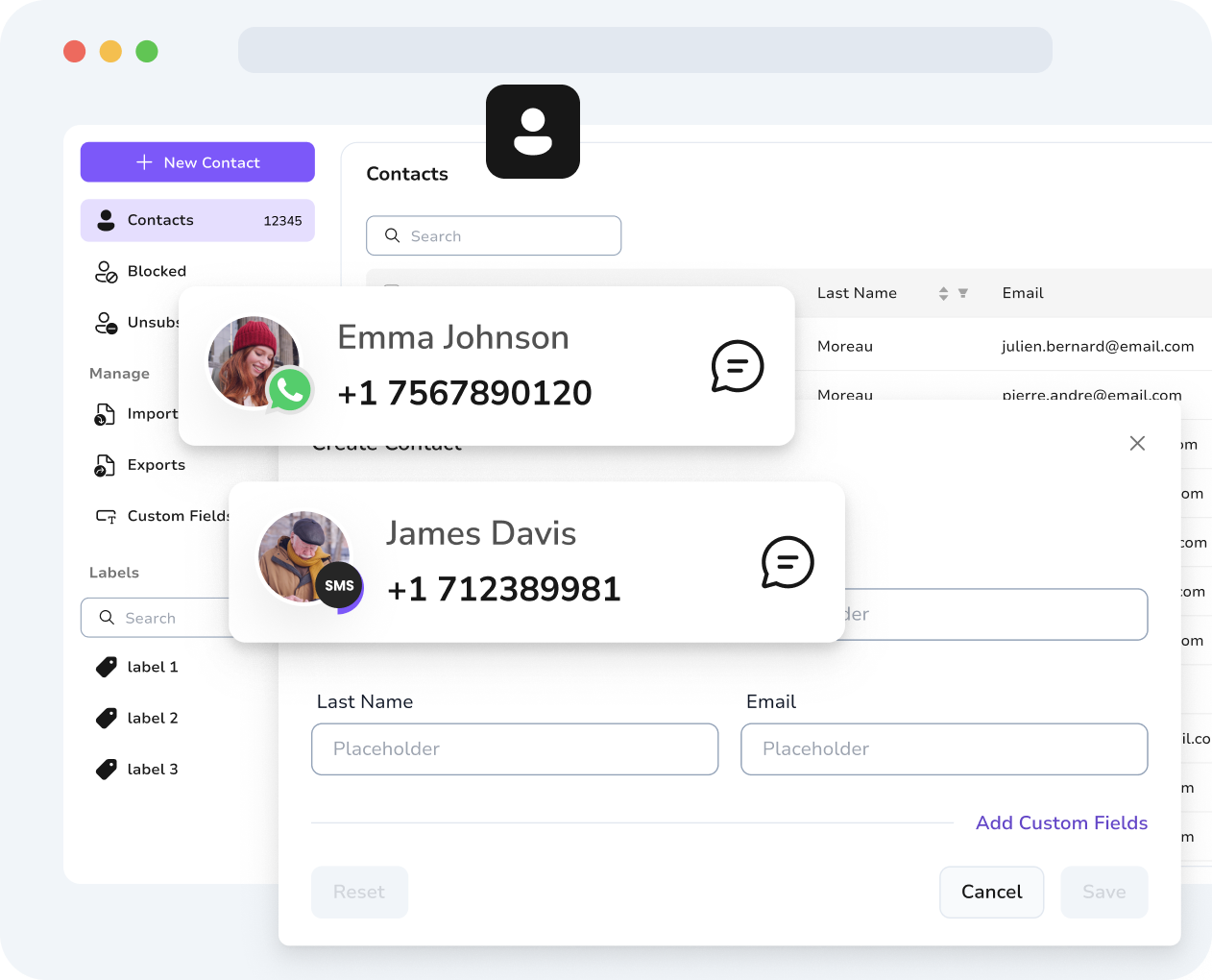 TopMessage contact management with custom fields to personalize SMS and WhatsApp messages"