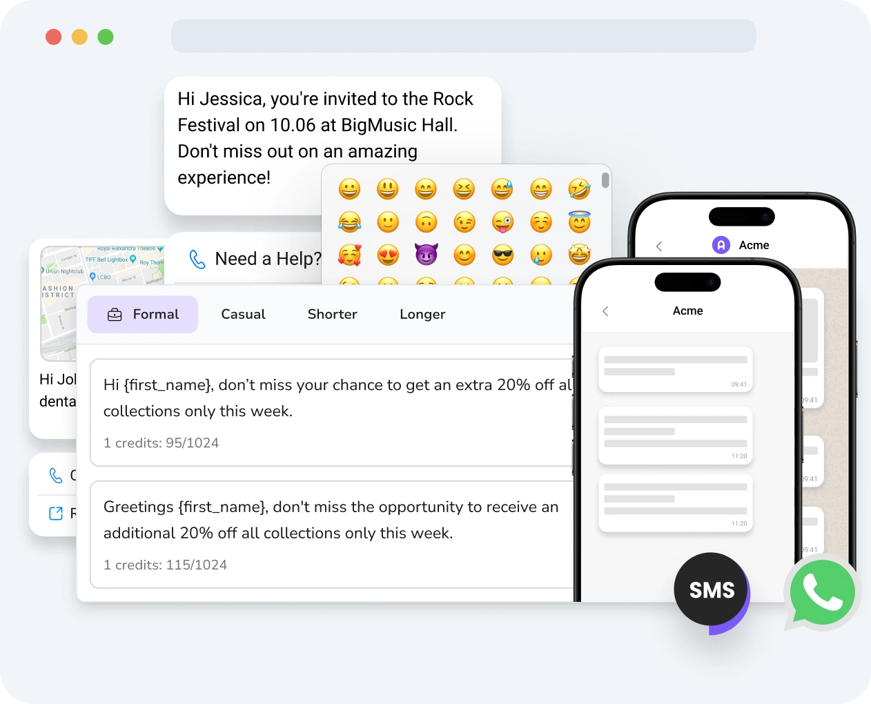 Screenshot of TopMessage interface showing the enriched messaging tool with multimedia content, personalization options, and performance metrics.