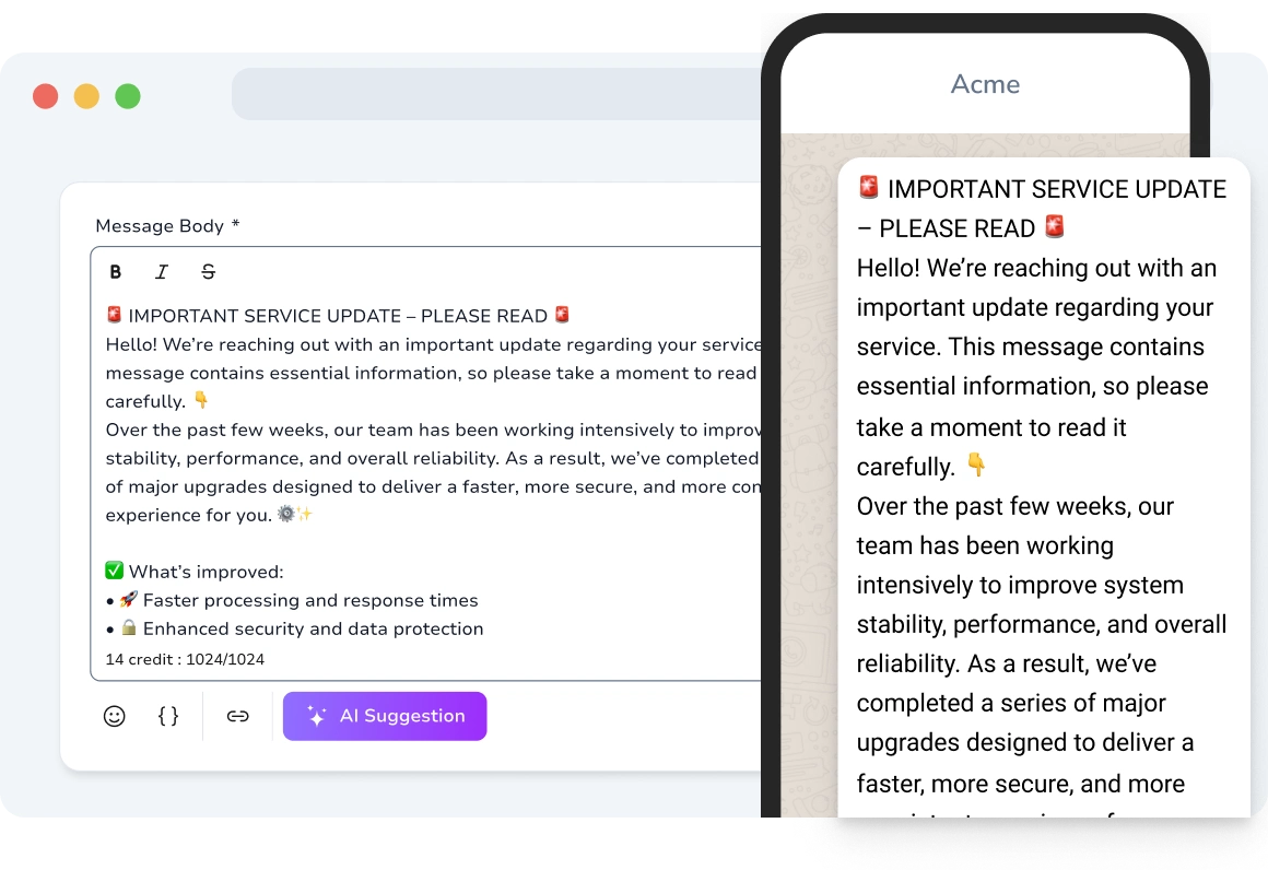 Phone showing a long SMS of over 1024 characters, delivering complete content in a single enriched message.