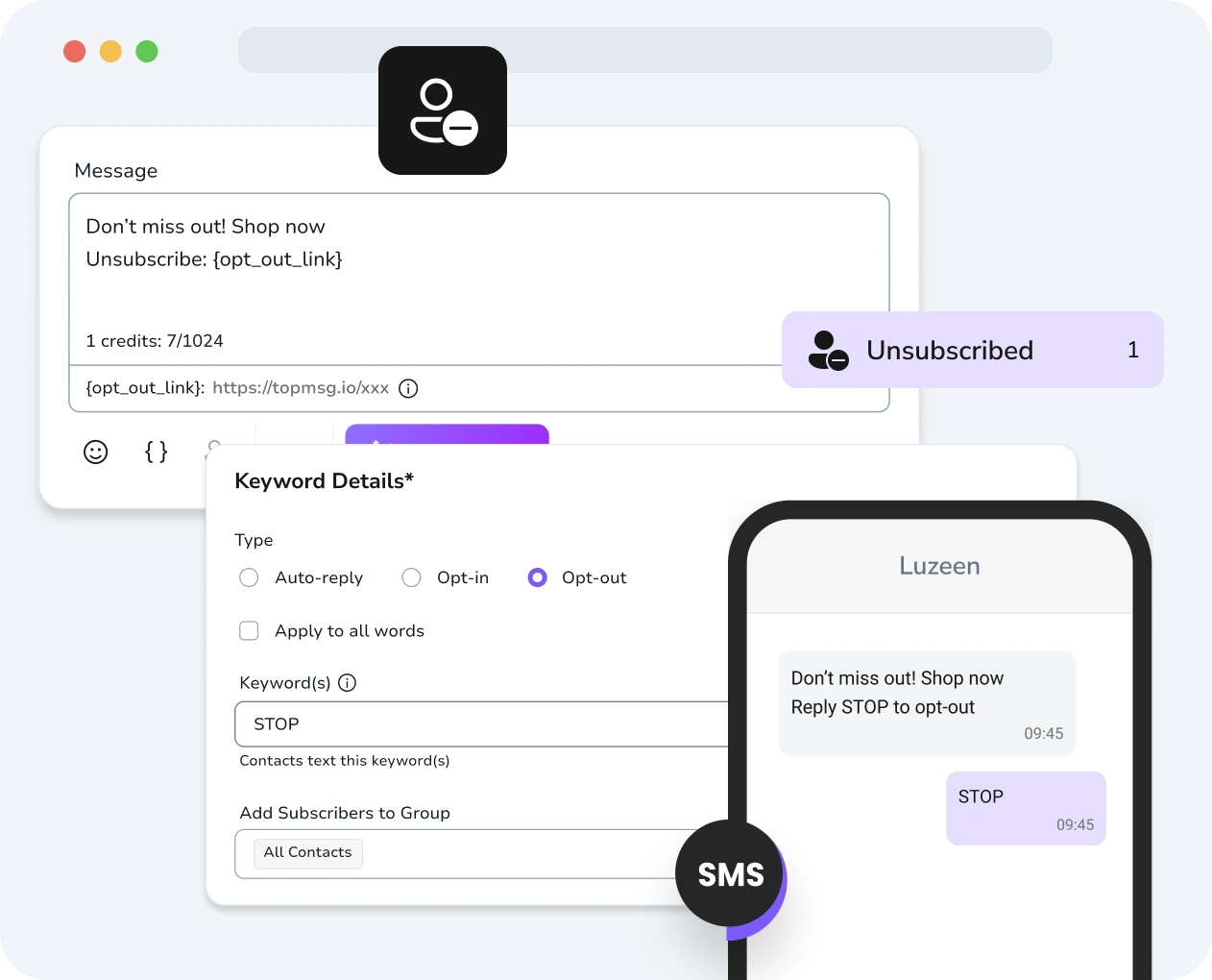 Screenshot of TopMessage drip campaigns interface with opt-out options clearly displayed.