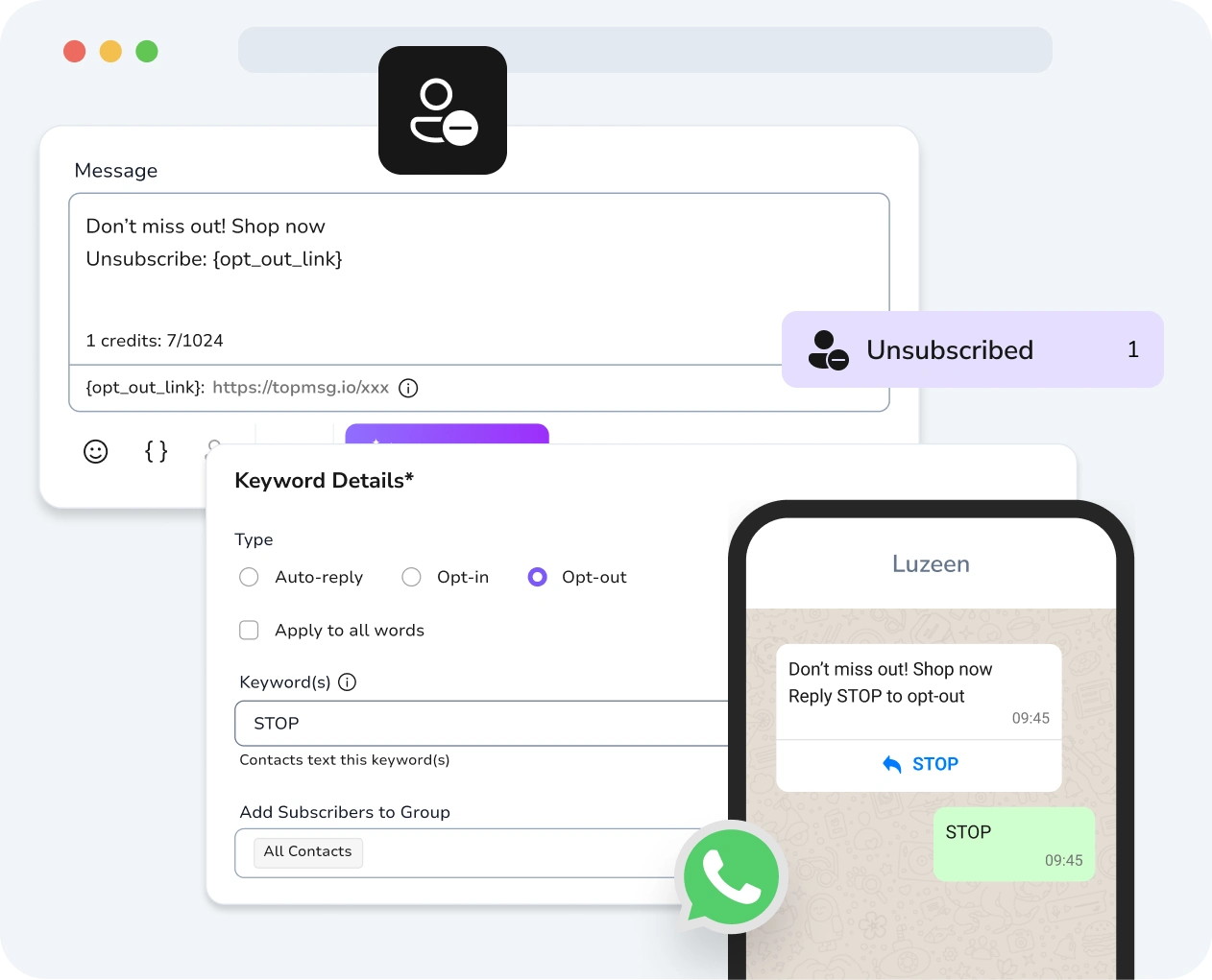 Screenshot of TopMessage WhatsApp drip campaigns interface with opt-out options clearly displayed.