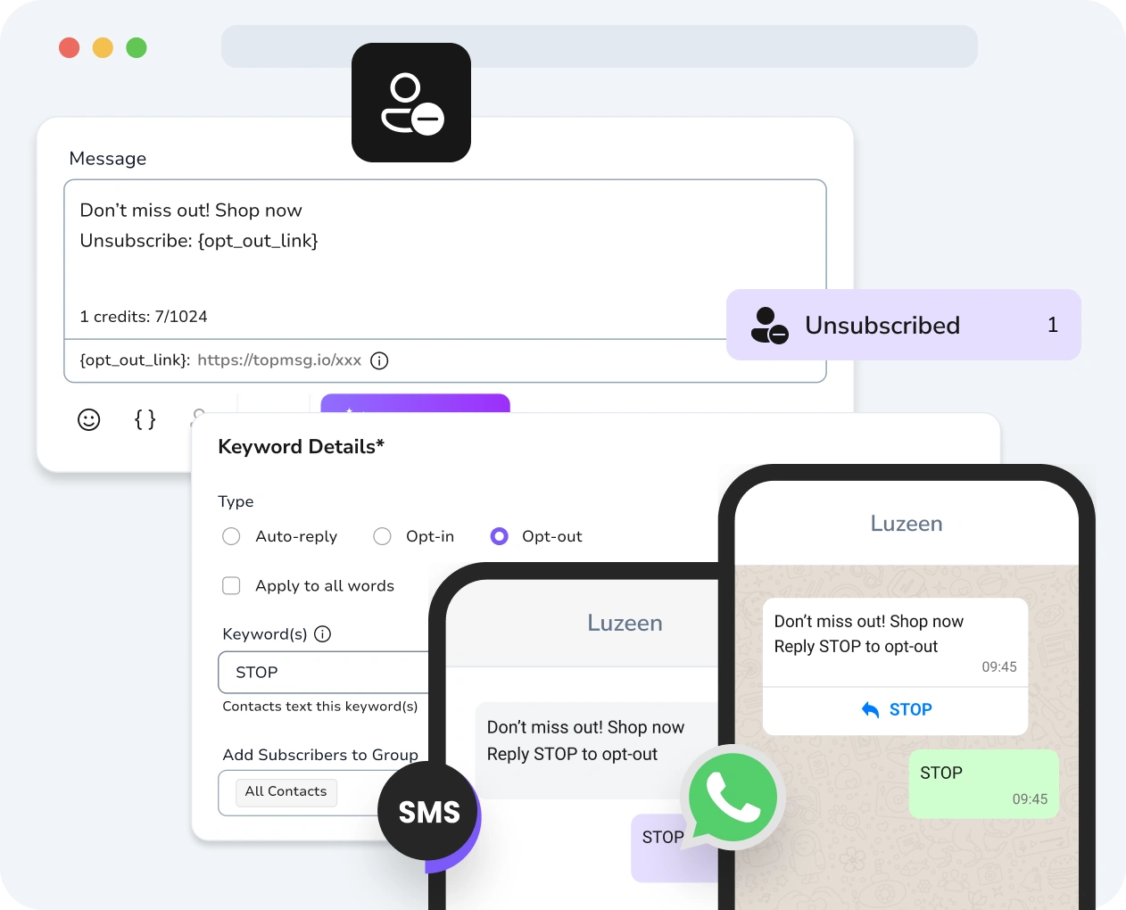 Screenshot of TopMessage drip campaigns interface with opt-out options clearly displayed.