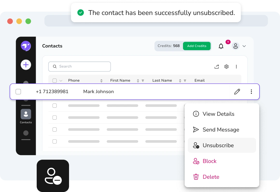 TopMessage interface showing a manual unsubscription action being performed for a contact.