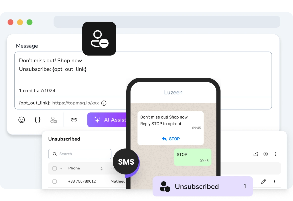 Showing a contact sending a keyword like “STOP” to unsubscribe from text messages automatically.