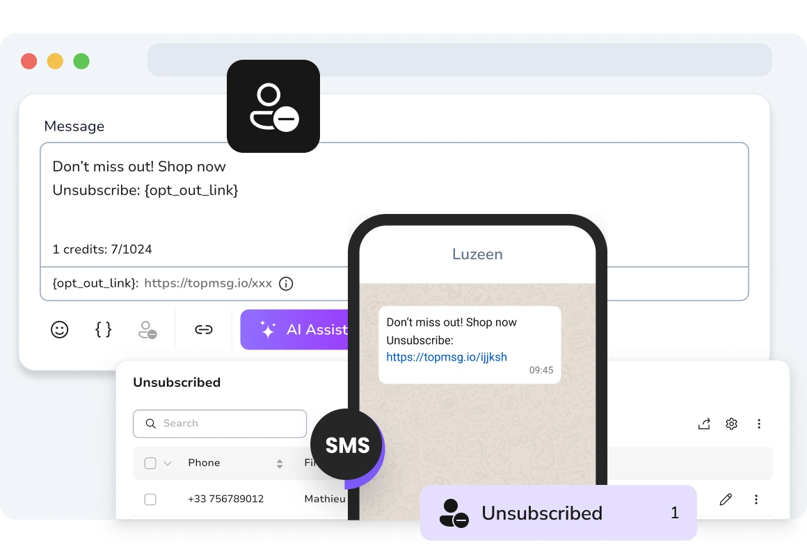 Showing a WhatsApp message with a clickable opt-out link, allowing the recipient to unsubscribe and be added to the unsubscribed contacts list.