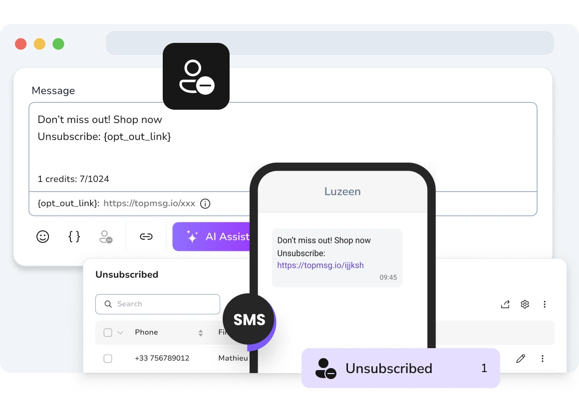 Displaying a text message with a clickable opt-out link, allowing the recipient to easily unsubscribe from campaigns.