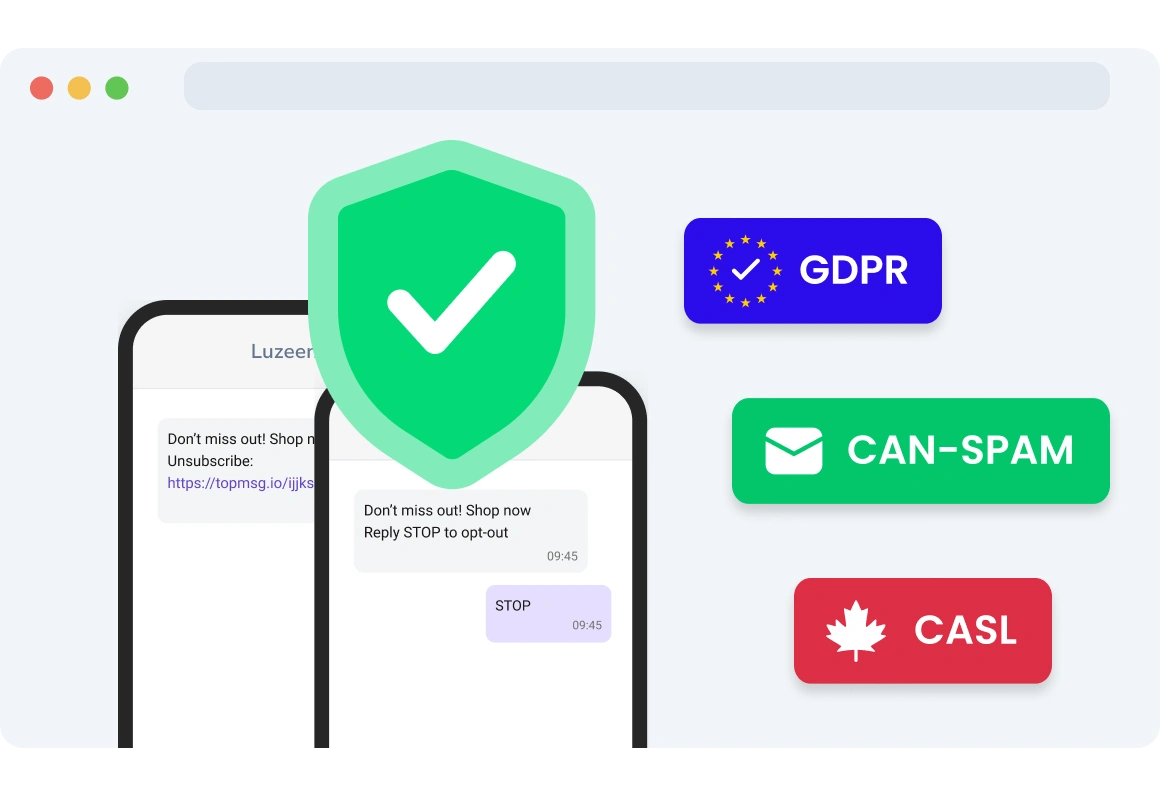 Illustration of GDPR, CAN-SPAM, and CASL compliance icons, highlighting easy and legal opt-out options for recipients of SMS.
