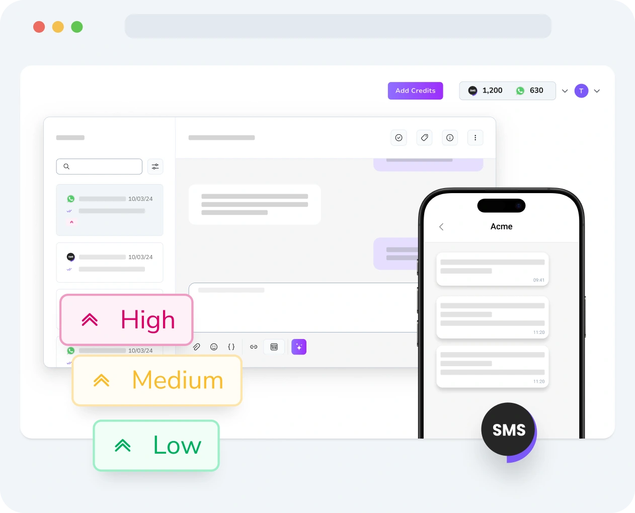 Interface displaying SMS message priority settings and performance metrics in TopMessage.