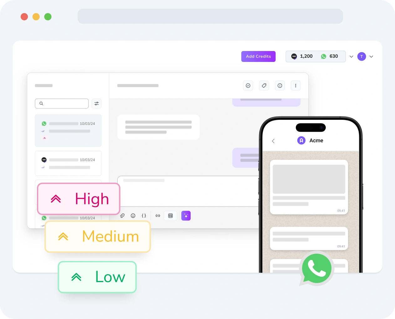 Interface displaying WhatsApp message priority settings and performance metrics in TopMessage.