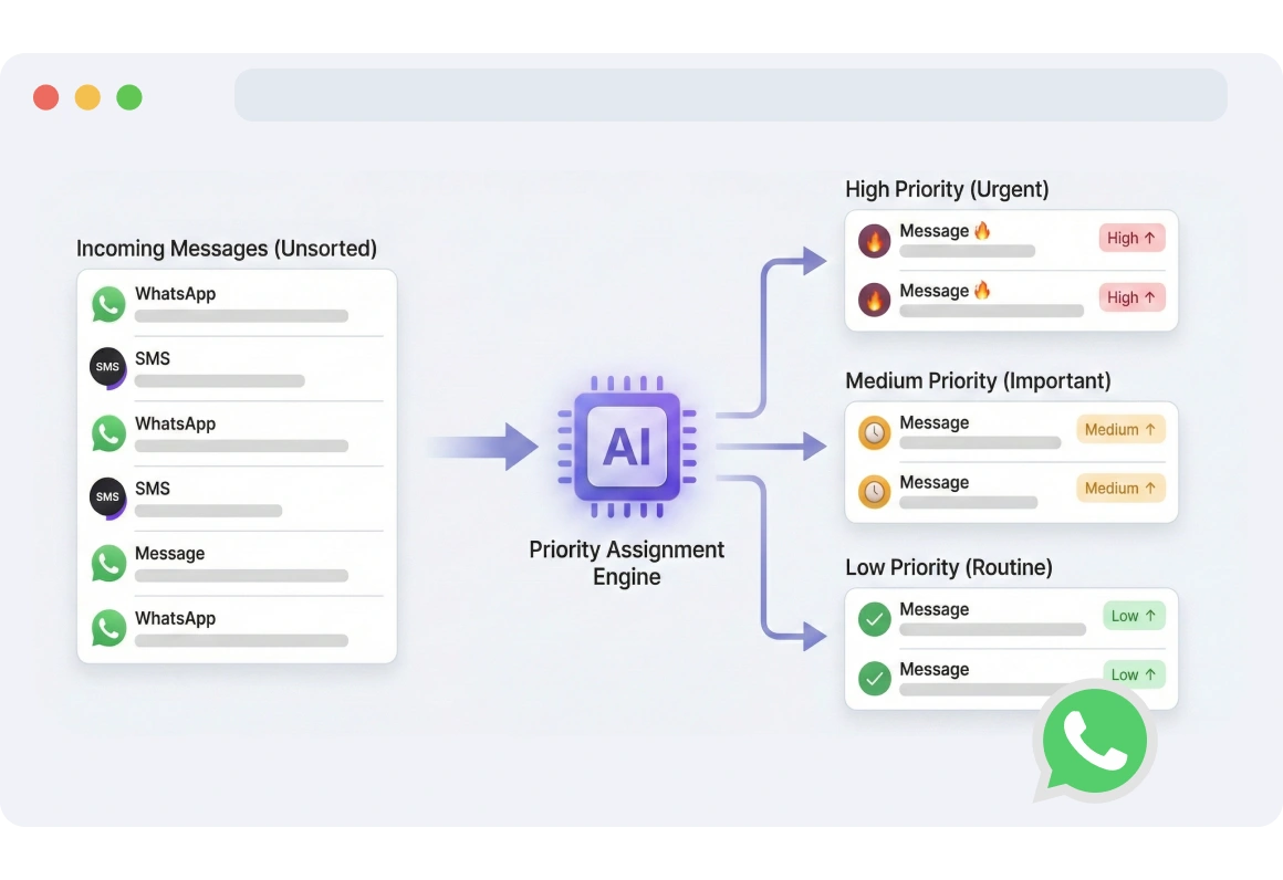 Interface displaying low, medium, and high priority levels assigned to incoming messages, helping agents focus on the most urgent issues first.