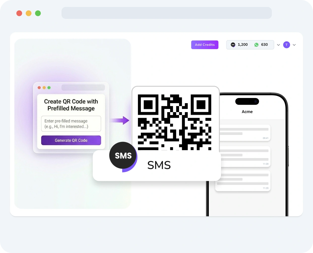 Screenshot of TopMessage interface displaying the SMS QR code creation tool with customization and performance metrics