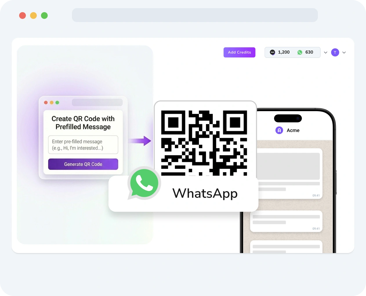 Screenshot of TopMessage interface displaying the WhatsApp QR code creation tool with customization and performance metrics