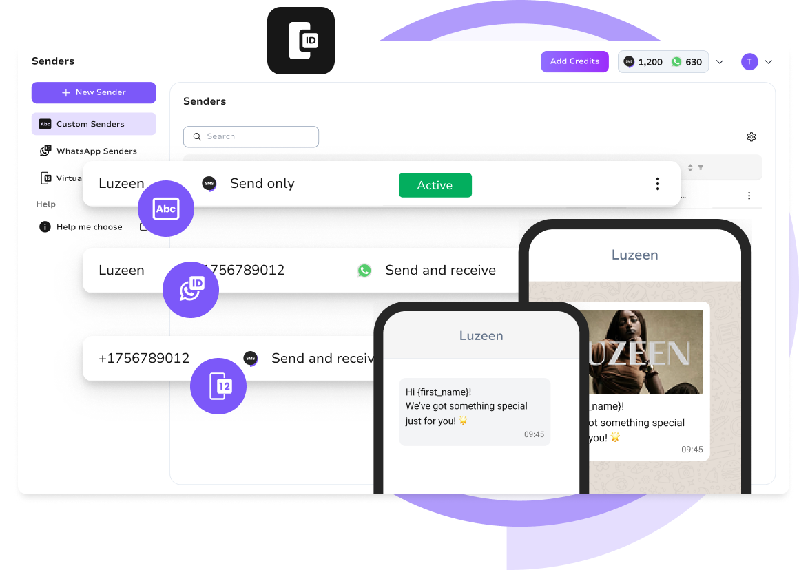 TopMessage senders dashboard showing sender creation and management interface