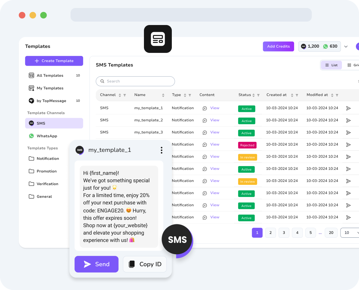 TopMessage unified dashboard displaying SMS and WhatsApp templates for streamlined communication management.