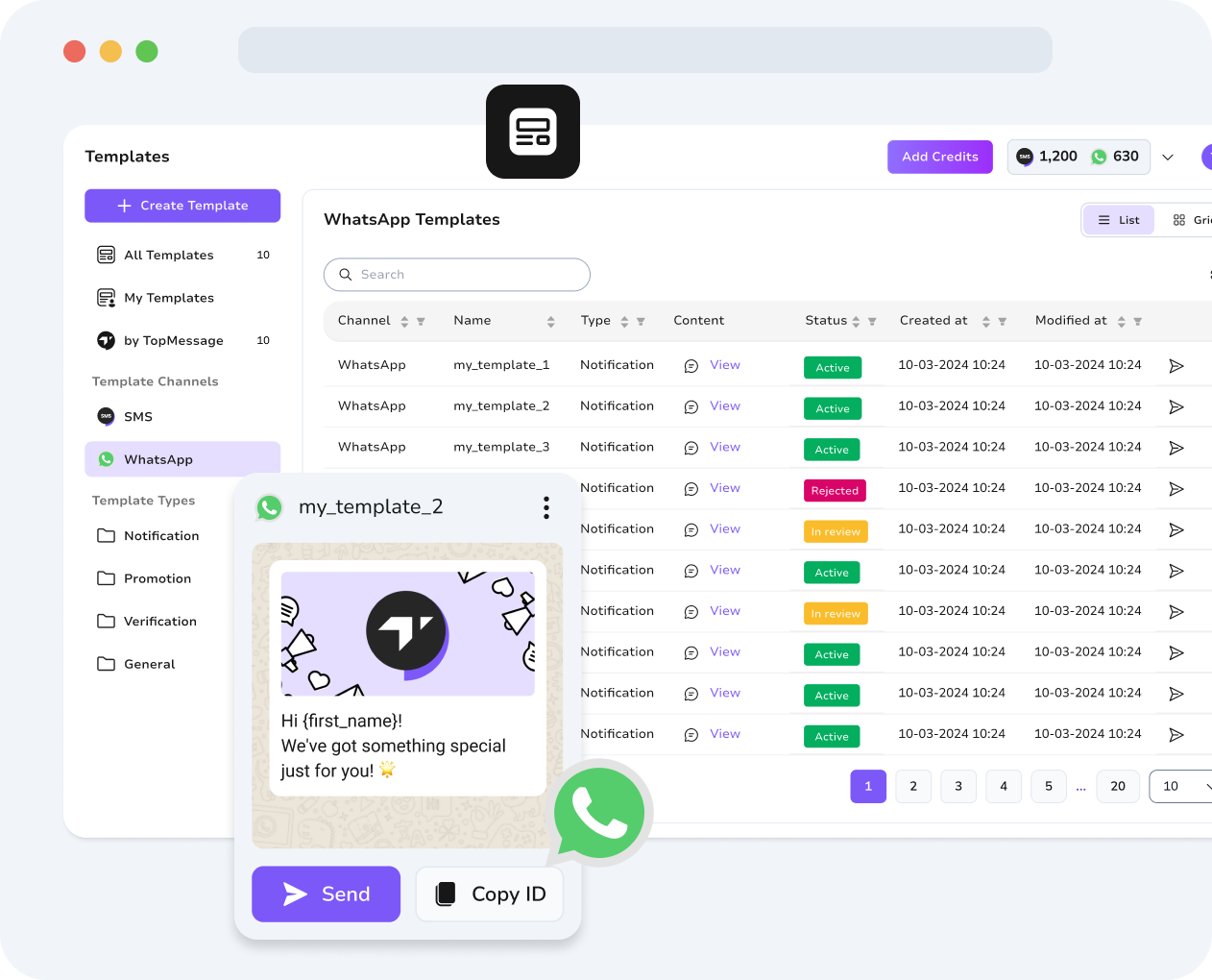 TopMessage unified dashboard displaying WhatsApp and SMS templates for streamlined communication management.
