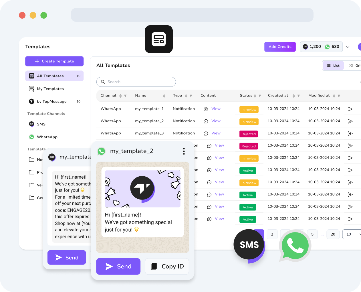 TopMessage unified dashboard showing WhatsApp and SMS message templates for streamlined communication management