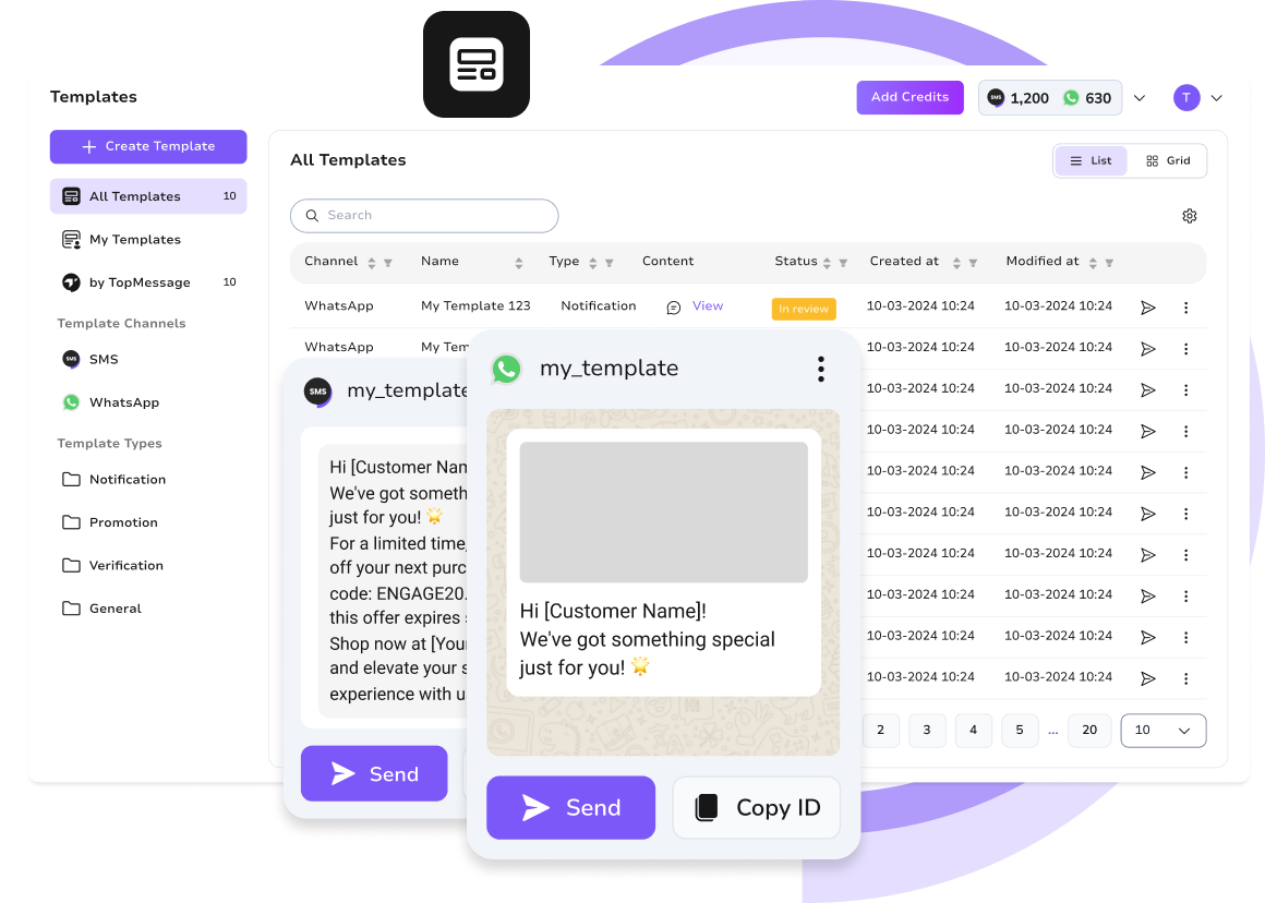 TopMessage platform interface displaying WhatsApp message templates for automated and personalized communication