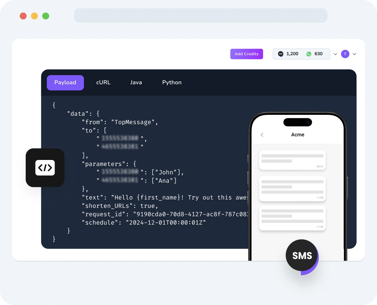 Screenshot of the TopMessage dashboard showing SMS Verify API requests, code delivery timelines, and real-time verification outcomes.