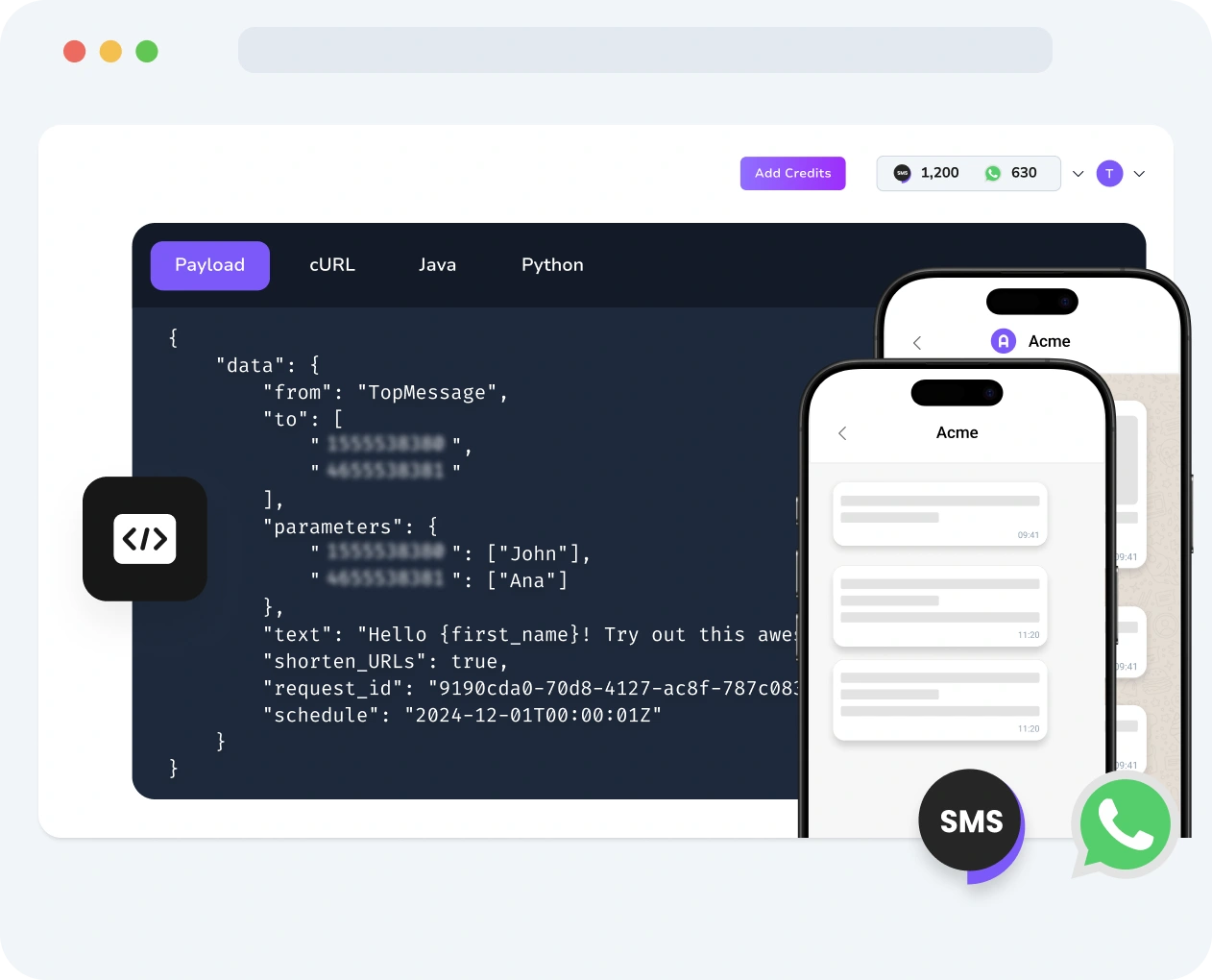 Screenshot of the TopMessage interface displaying Verify API activity, including verification status, delivery results, and code validation performance.