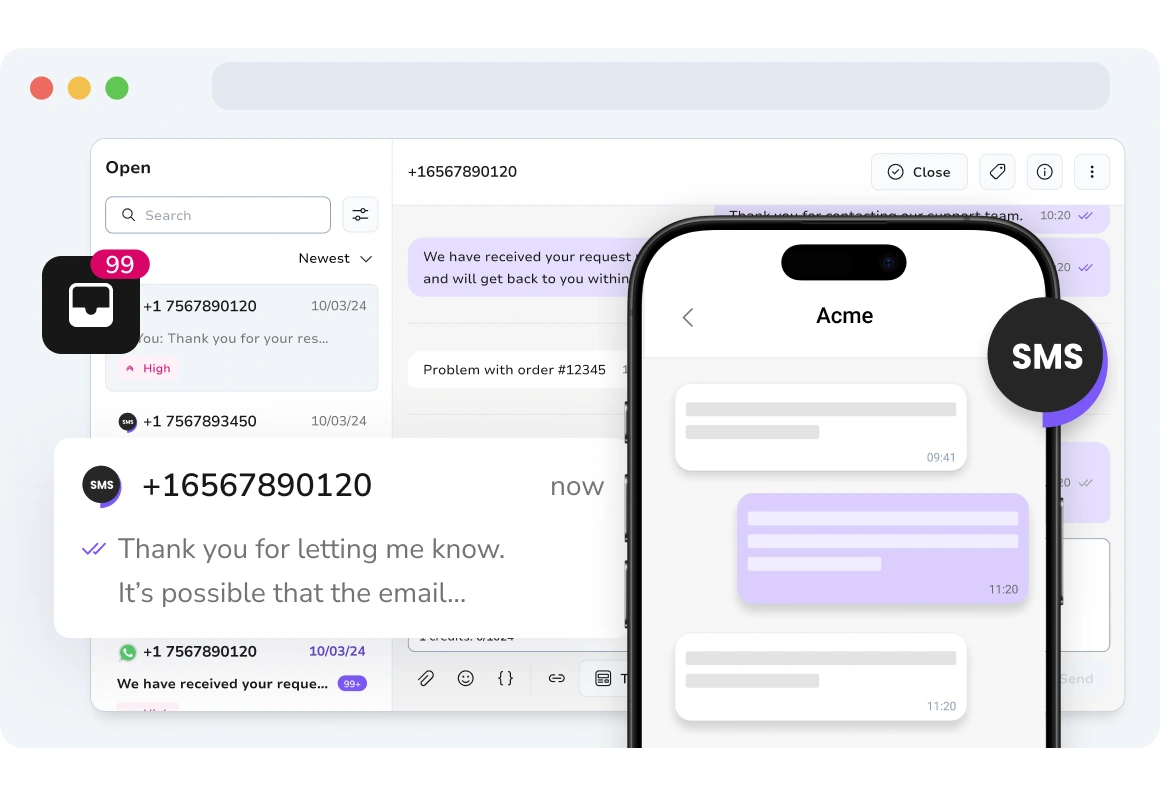 Screenshot of user interacting with two-way SMS messages using TopMessage virtual number